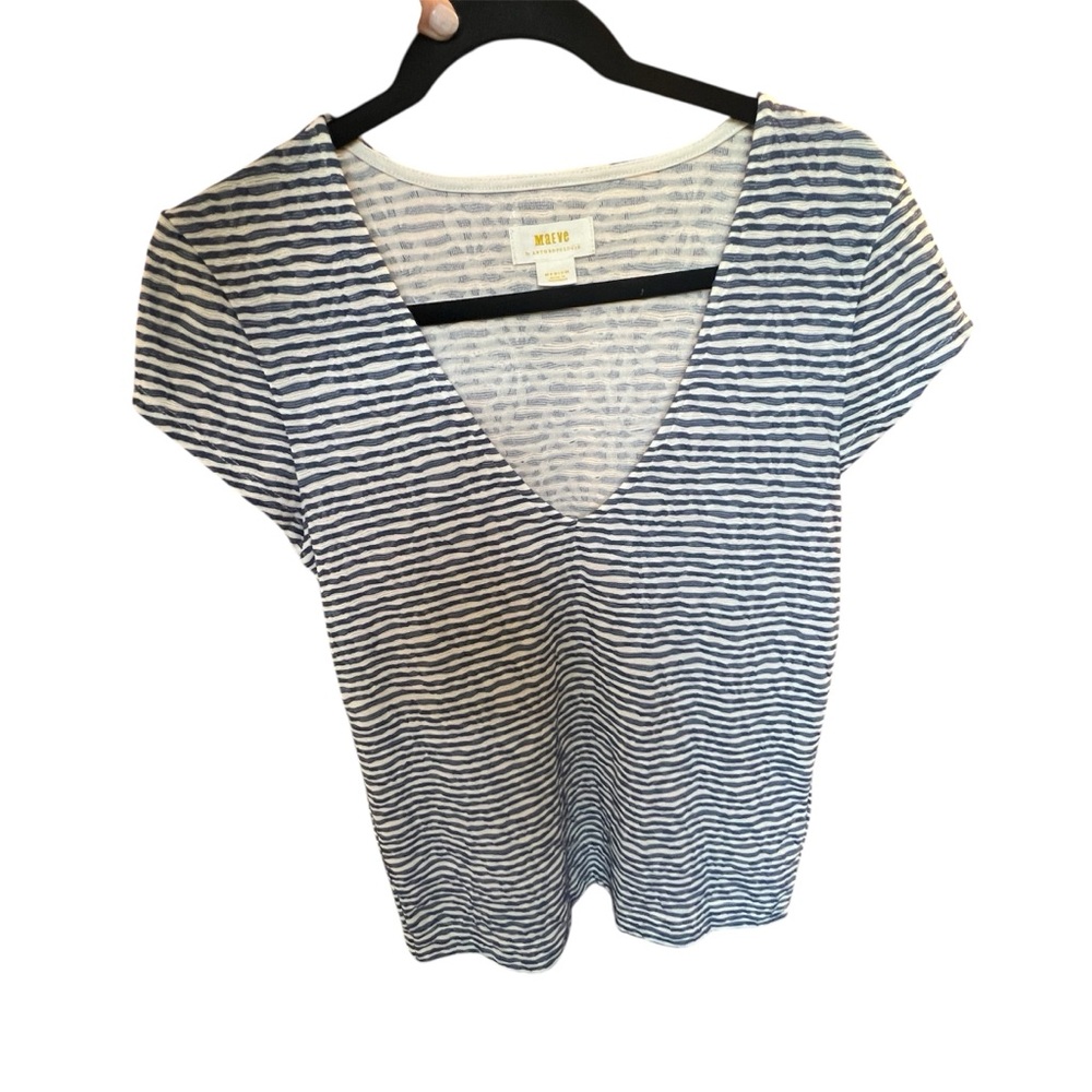 Maeve by Anthropologie Navy White Striped V-Neck Tee Shirt | Size M